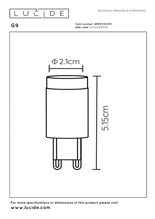 Lucide G9 - Led bulb - Ø 2,1 cm - LED Dim. - G9 - 1x3W 2700K - White - technical